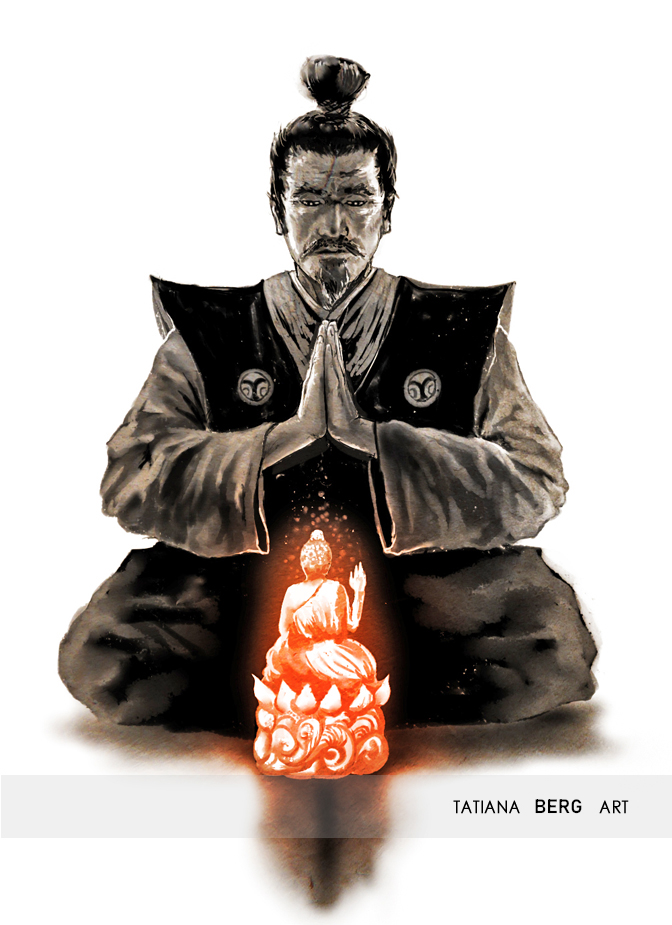 Praying zen samurai buddhism buddha art priint