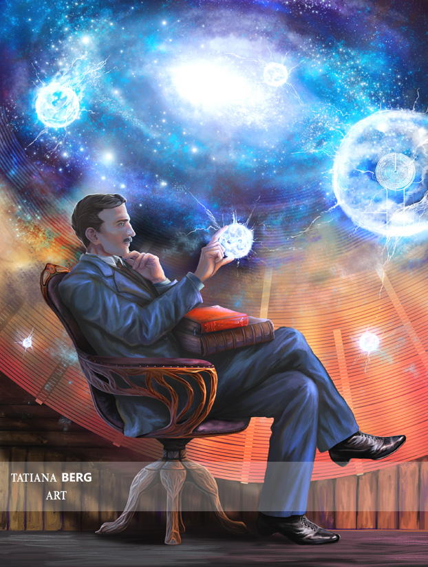 Nikola Tesla Art. Portrait. Buy Print Painting. Galaxy. Fireballs, books.