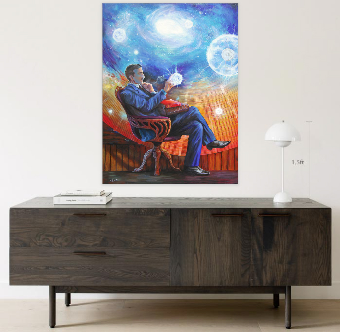 Nikola Tesla Painting. Art. Portrait. Buy Print Painting. Galaxy. Fireballs, books